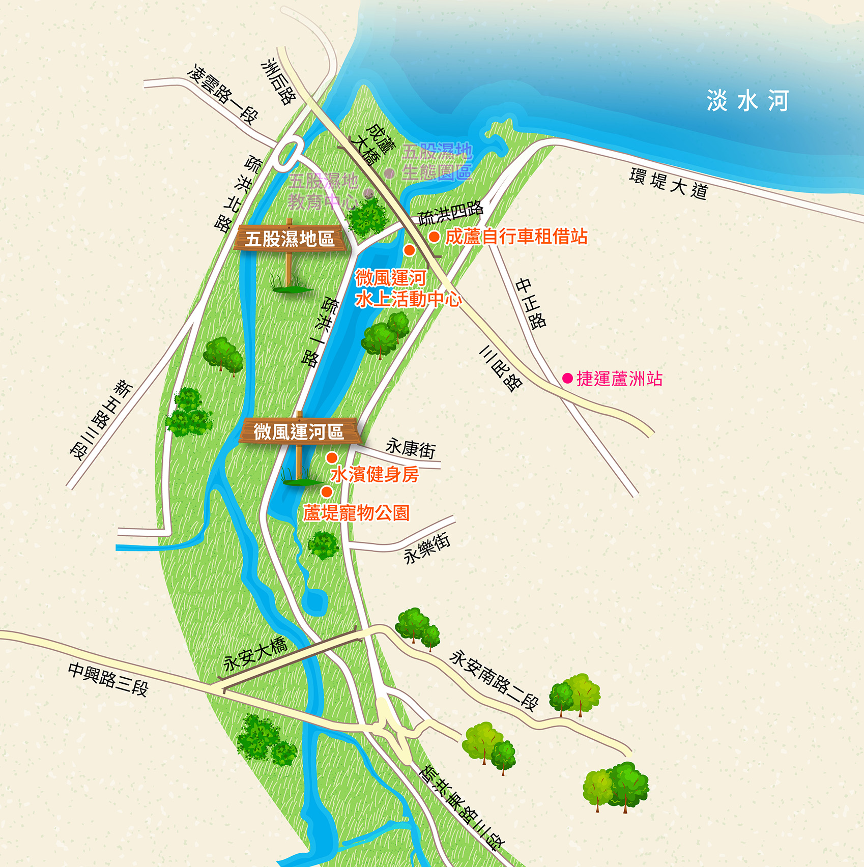 微風運河區周邊景點及交通路線圖，包含下方遊玩推薦的景點