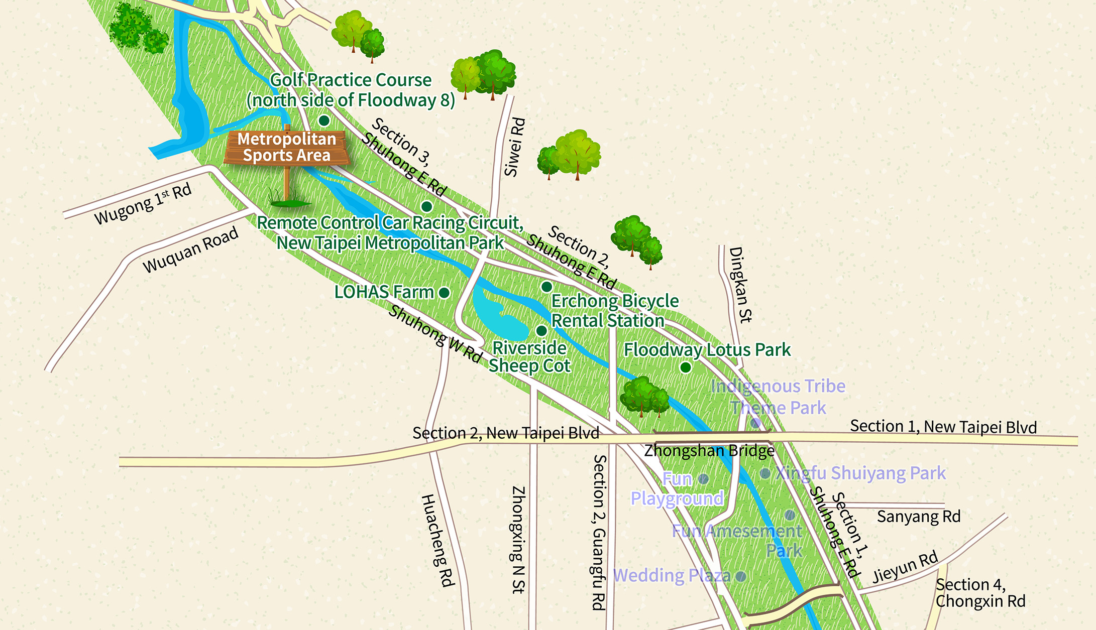 Metropolitan Sports Area surrounding attractions and traffic route maps, including the recommended attractions below